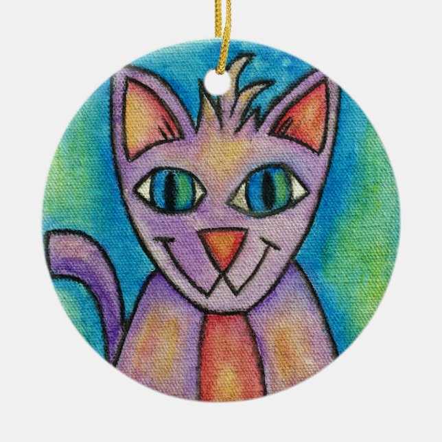 Pink Purple Kitty Cat Ceramic Tree Decoration (Front)