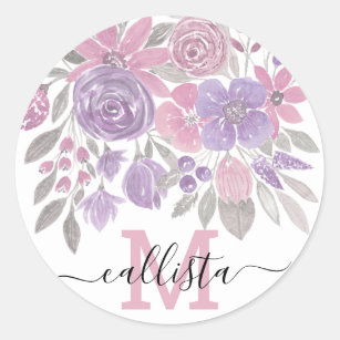 Pink Purple Light Sage Green Floral Watercolor Classic Round Sticker