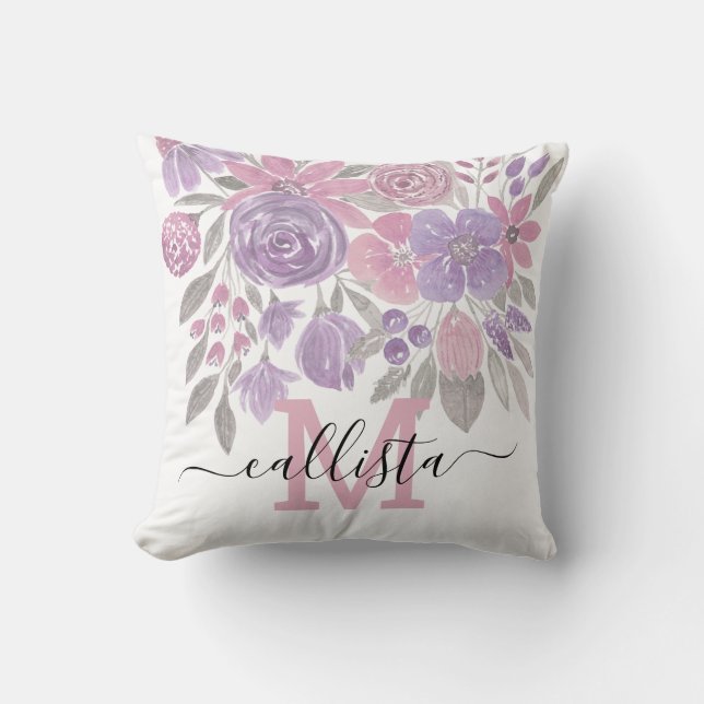Pink Purple Light Sage Green Floral Watercolor Cushion (Front)