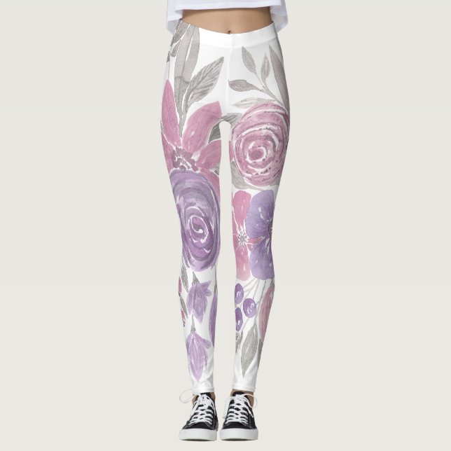 Pink Purple Light Sage Green Floral Watercolor Leggings (Front)