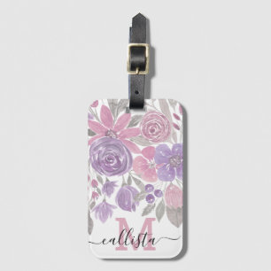 Pink Purple Light Sage Green Floral Watercolor Luggage Tag