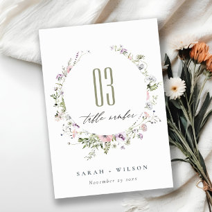 Pink Purple Lilac Wildflower Circle Frame Wedding Table Number