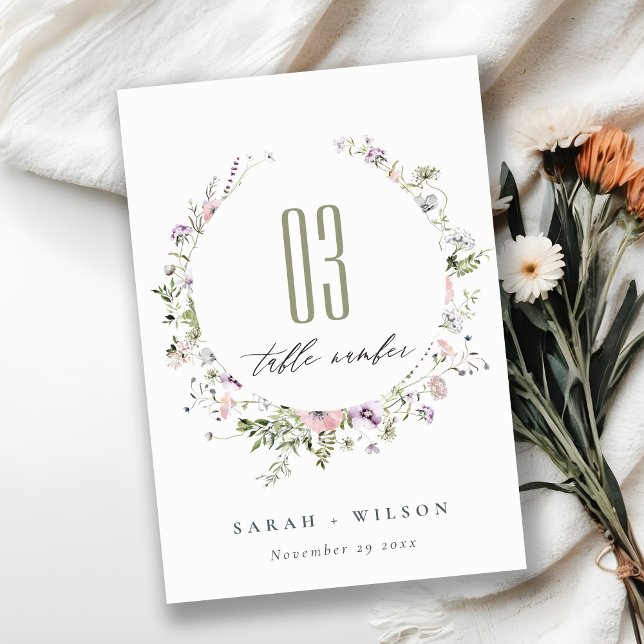 Pink Purple Lilac Wildflower Circle Frame Wedding Table Number (Creator Uploaded)