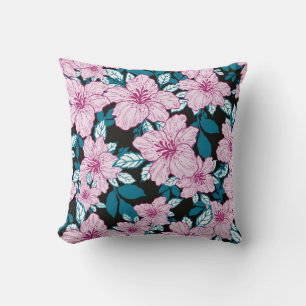 pink purple lily flower blue leaf black background cushion