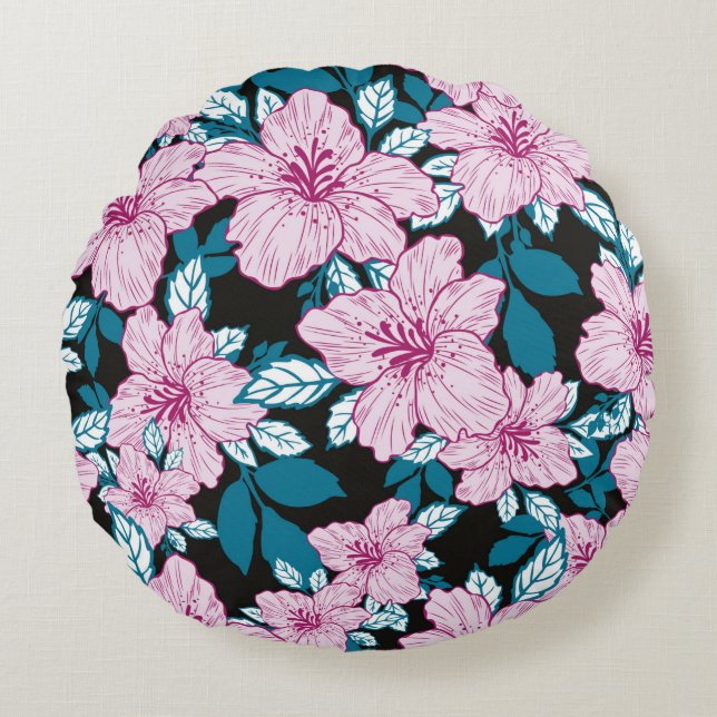 pink purple lily flower blue leaf black background round cushion (Front)