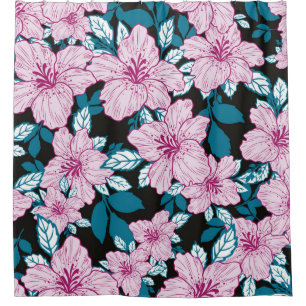 pink purple lily flower blue leaf black background shower curtain