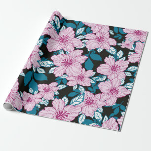pink purple lily flower blue leaf black background wrapping paper