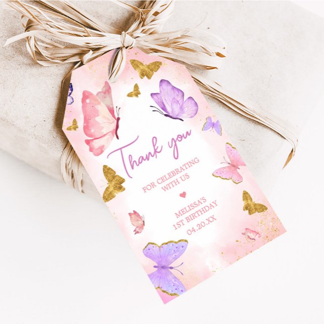 Pink Purple Little Butterfly Favour Tags (Pink Purple Whimsical Little Butterfly Birthday Party Favor Tags)