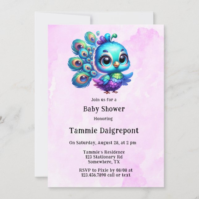 Pink-purple Little Cute Peacock Girl Baby Shower Invitation (Front)