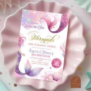 Pink Purple Little Two Mermaids Twins Birthday Invitation
