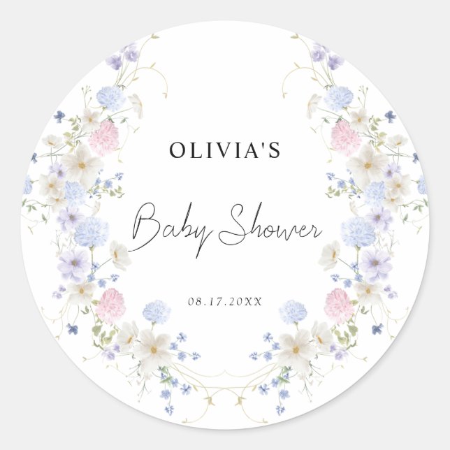Pink Purple Little Wildflower Girl Baby Shower Classic Round Sticker (Front)