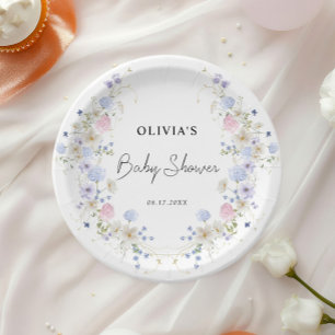 Pink Purple Little Wildflower Girl Baby Shower Paper Plate