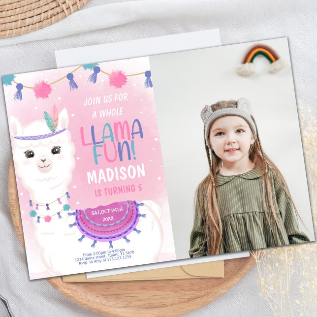Pink & Purple Llama Birthday Invitation with Photo (Pink Purple Llama Birthday Invitations with photo)