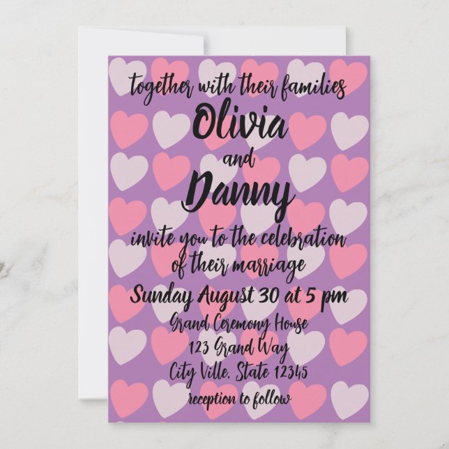 Pink Purple Love Hearts Pattern Romantic Wedding Invitation (Front)