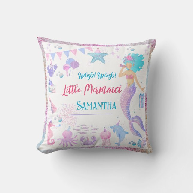 Pink Purple Magical Girl  Mermaid 1st Birthday Cushion (Front)