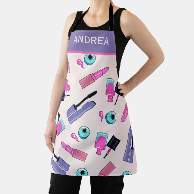 Pink Purple Make Up Cosmetics Pattern Personalised Apron (Insitu)
