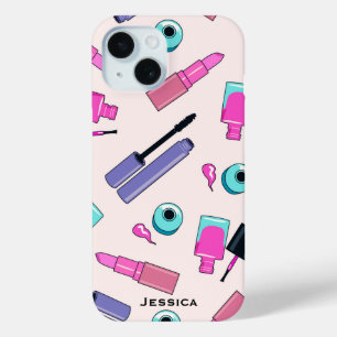 Pink Purple Make Up Cosmetics Pattern Personalised iPhone 15 Case