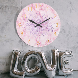 Pink purple marble glitter dust large clock