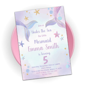Pink Purple Mermaid Birthday Invitations