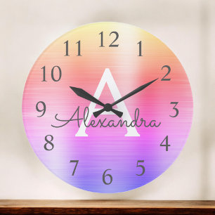 Pink Purple Metallic Monogram Name & Initial Large Clock
