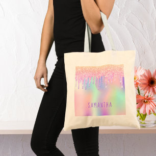 Pink purple mint green drips name holographic tote bag