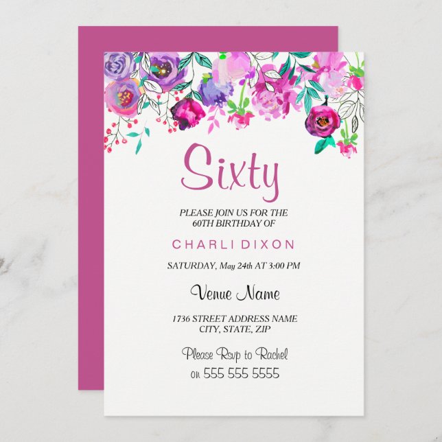 Pink Purple Mint Watercolor Flowers 60th Birthday Invitation (Front/Back)