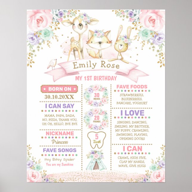 Pink Purple Mint Woodland 1st Birthday Milestone Poster (Front)