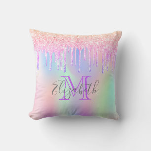 Pink purple monogram holographic drips cushion