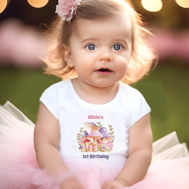 Pink Purple Mushrooms Fall 1st Birthday Baby Girl Baby T-Shirt (Pink Purple Mushrooms Fall 1st Birthday Baby Girl Baby T-Shirt)