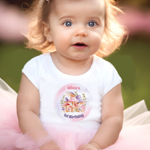 Pink Purple Mushrooms Fall 1st Birthday Girl Baby T-Shirt