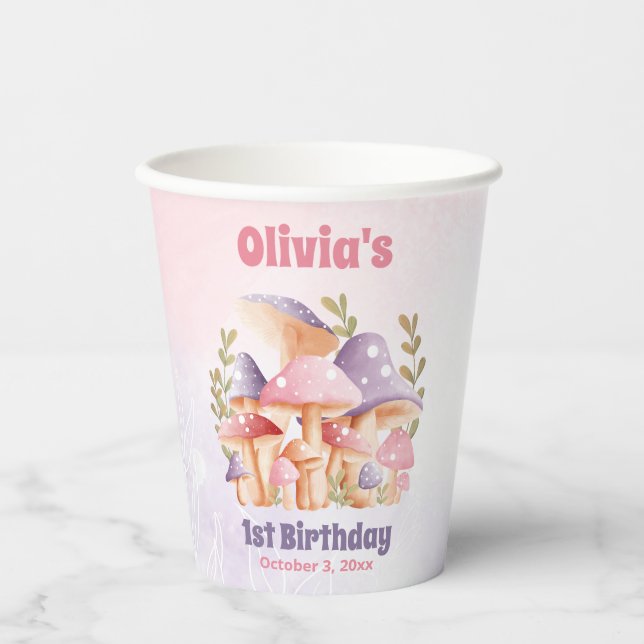 Pink Purple Mushrooms Fall 1st Birthday Paper Cups (Front)
