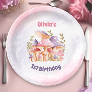 Pink Purple Mushrooms Fall 1st Birthday Paper Plate