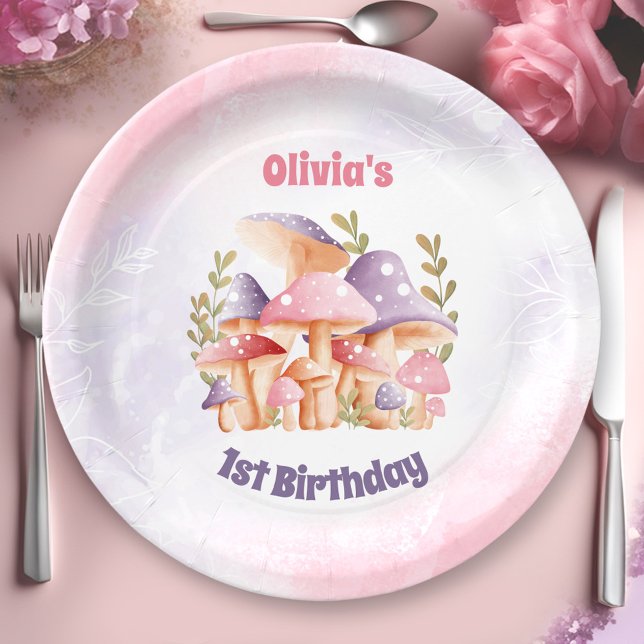 Pink Purple Mushrooms Fall 1st Birthday Paper Plate (Pink Purple Mushrooms Fall 1st Birthday Paper Plates)