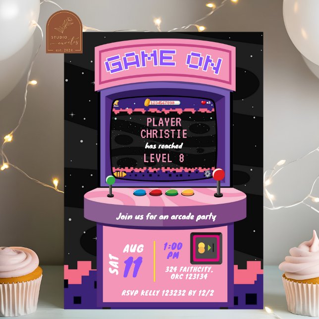 Pink Purple Neon Arcade Game Girl Birthday Invitation (Creator Uploaded)