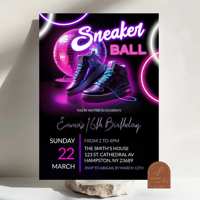 Pink Purple Neon Discoball Sneakerball Birthday Invitation (Creator Uploaded)