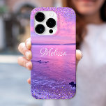 Pink Purple Ocean Sunset Girly Glam Confetti Name iPhone 15 Pro Case<br><div class="desc">Remember your summer vacation each time you use this personalised name cell phone case. Enjoy the solitude of the California Pacific Ocean with this stunning, purple, pink and blue sunset photo, tipped with tiny, sparkly purple and gold, girly glam confetti dots. Makes a great gift for someone special! Just type...</div>
