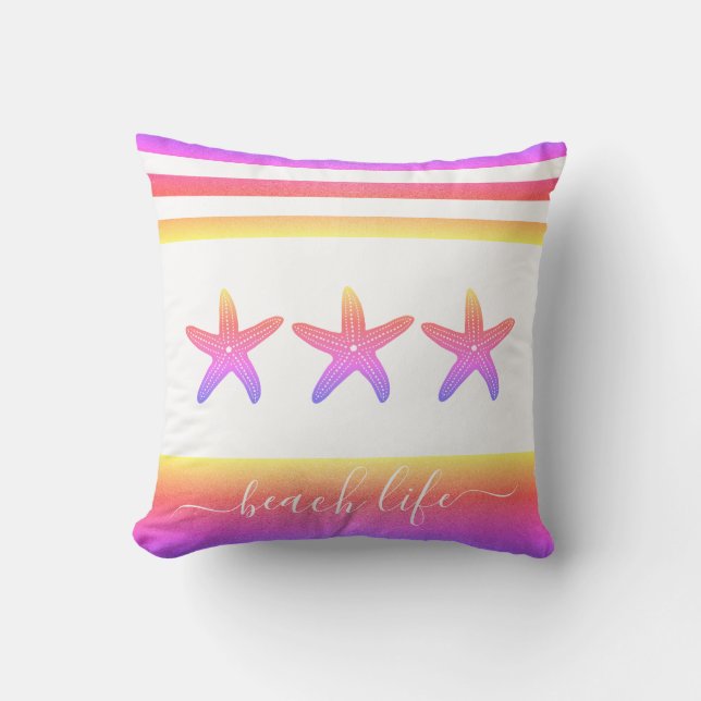 Pink purple ombre 3 starfish beach life script cushion (Front)