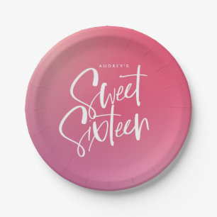 Pink Purple Ombre Calligraphy Sweet Sixteen  Paper Plate