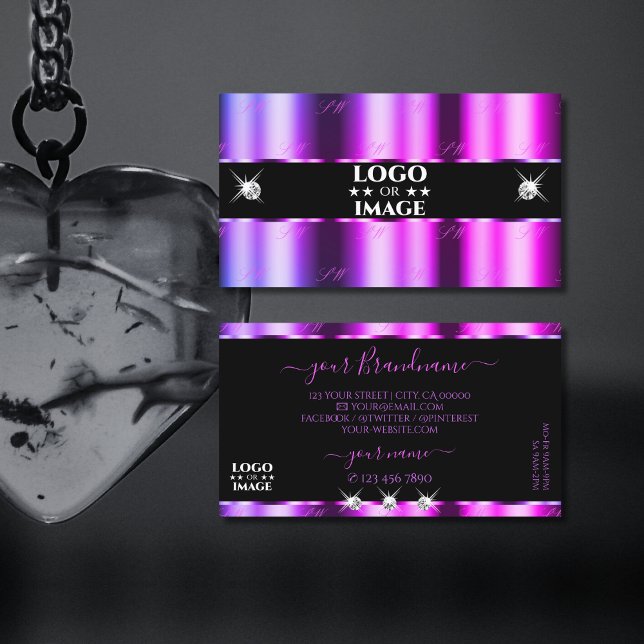Pink Purple Ombre on Black Sparkle Jewels Add Logo Business Card (Creator Uploaded)