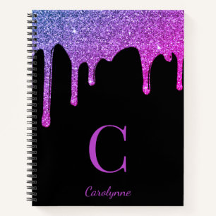 Pink Purple Ombre Sparkle Glitter Drips Monogram Notebook