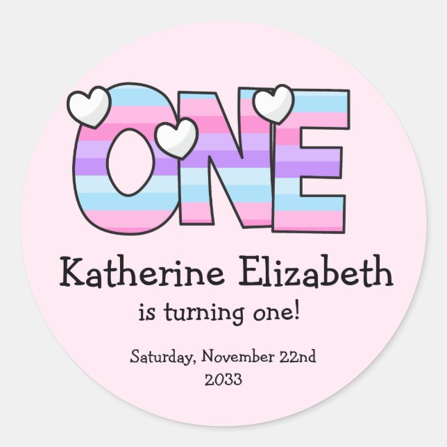Pink Purple Ombre Stripes Hearts First Birthday Classic Round Sticker (Front)