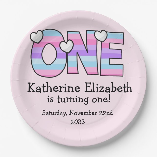 Pink Purple Ombre Stripes Hearts First Birthday Paper Plate (Front)