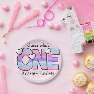 Pink Purple Ombre Stripes Hearts First Birthday Paper Plate