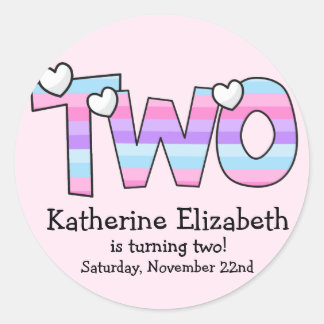 Pink Purple Ombre Stripes Hearts Second Birthday Classic Round Sticker