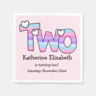 Pink Purple Ombre Stripes Hearts Second Birthday Napkin