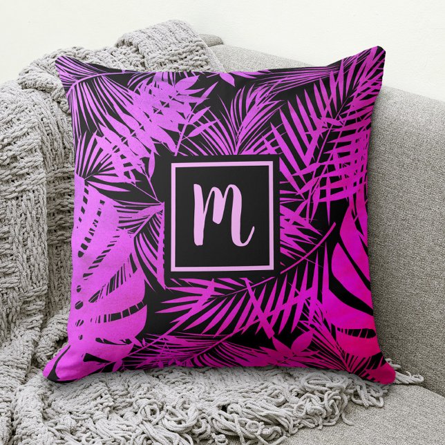 Pink purple ombre tropical palm leaf monogram cushion (Creator Uploaded)
