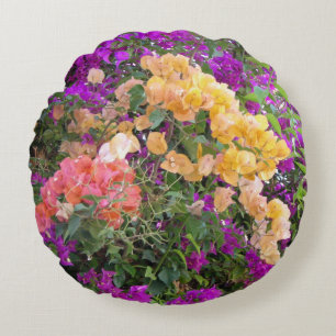 Pink, Purple & Orange Bougainvillea Round Pillow