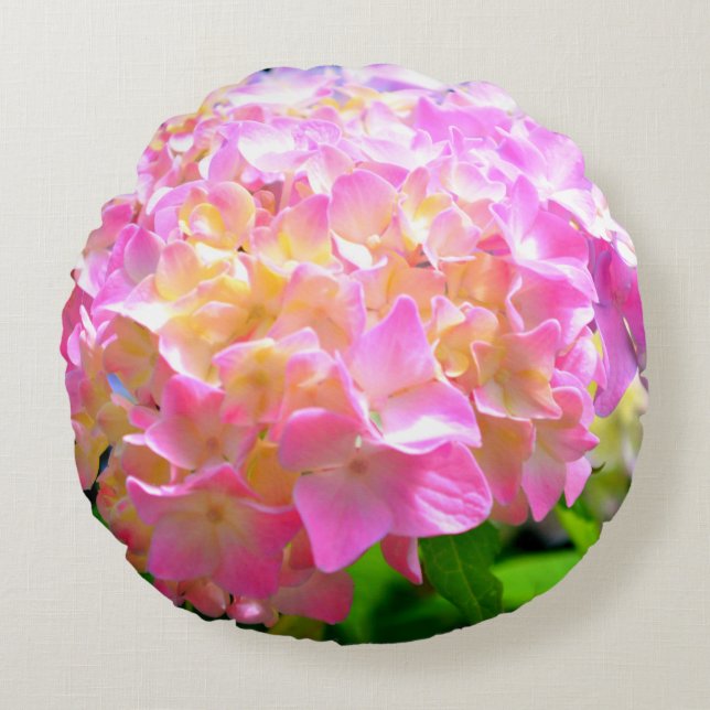 Pink purple orange hydrangeas round cushion (Front)