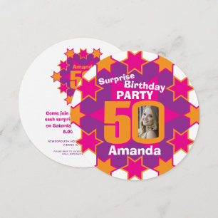 Pink purple orange star photo 50th birthday party invitation