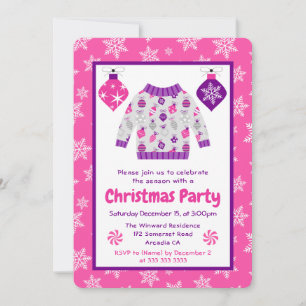 Pink Purple Ornaments Ugly Sweater Christmas Party Invitation